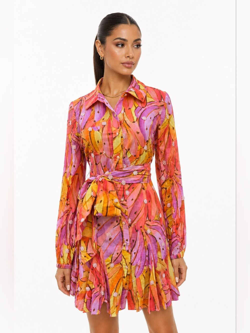 NWT FARM Rio Pink Ombre Bananas Belted Shirt Dress Floral Appliqué M